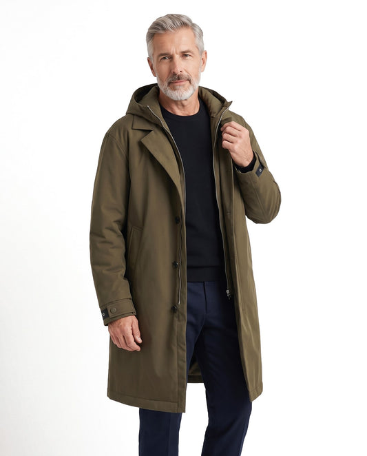 Giacca antipioggia lunga uomo con cappuccio e tasche 1