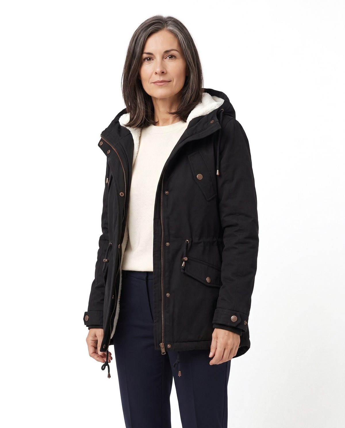 Giacca con cappuccio donna foderata con coulisse in vita 1