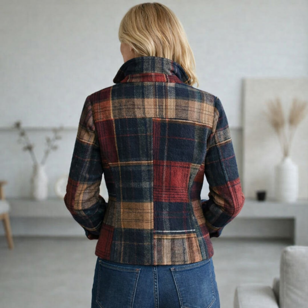 Giacca Corta Donna a Quadri Patchwork con Revers e Bottoni 3
