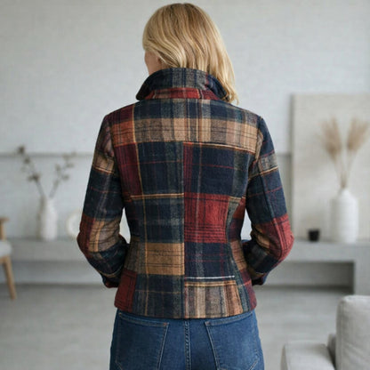Giacca Corta Donna a Quadri Patchwork con Revers e Bottoni 3