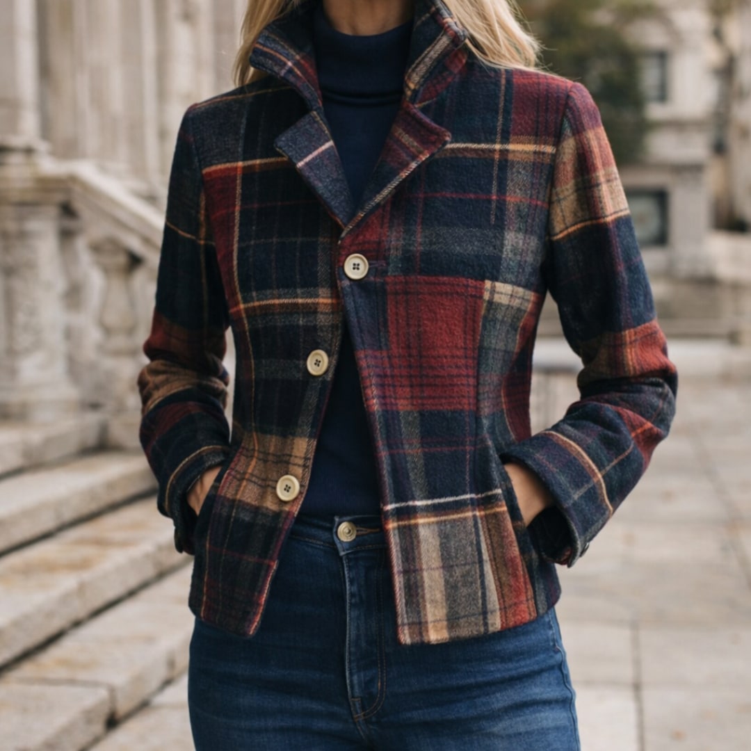 Giacca Corta Donna a Quadri Patchwork con Revers e Bottoni 6