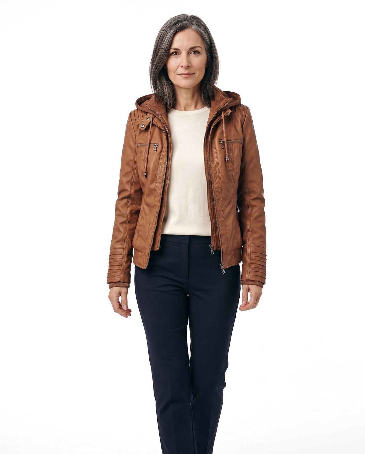 Giacca in ecopelle donna con cappuccio staccabile foderata 1