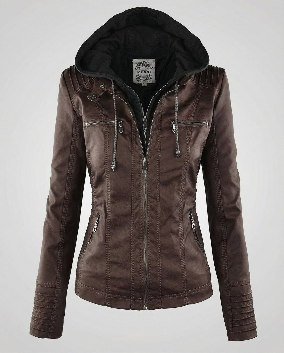 Giacca in ecopelle donna con cappuccio staccabile foderata 6