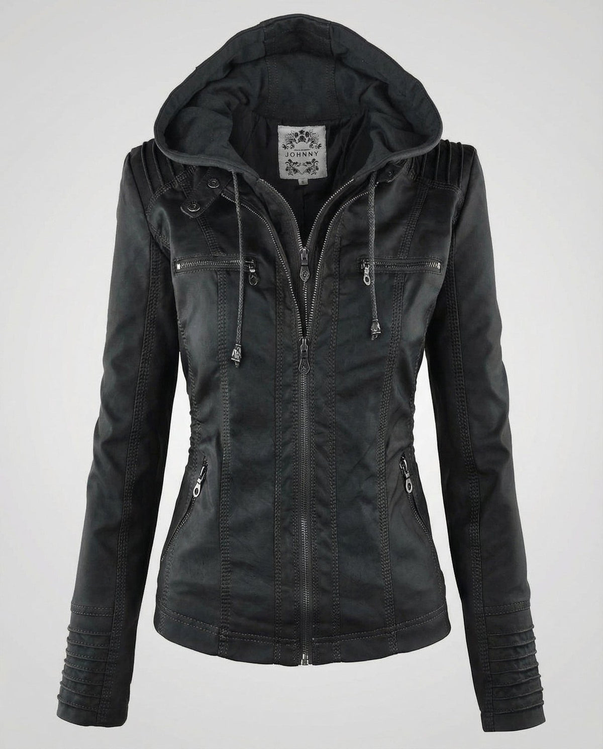 Giacca in ecopelle donna con cappuccio staccabile foderata 5