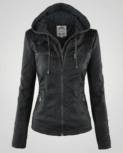 Giacca in ecopelle donna con cappuccio staccabile foderata 5
