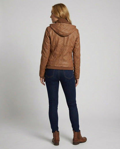 Giacca in ecopelle donna con cappuccio staccabile foderata 4