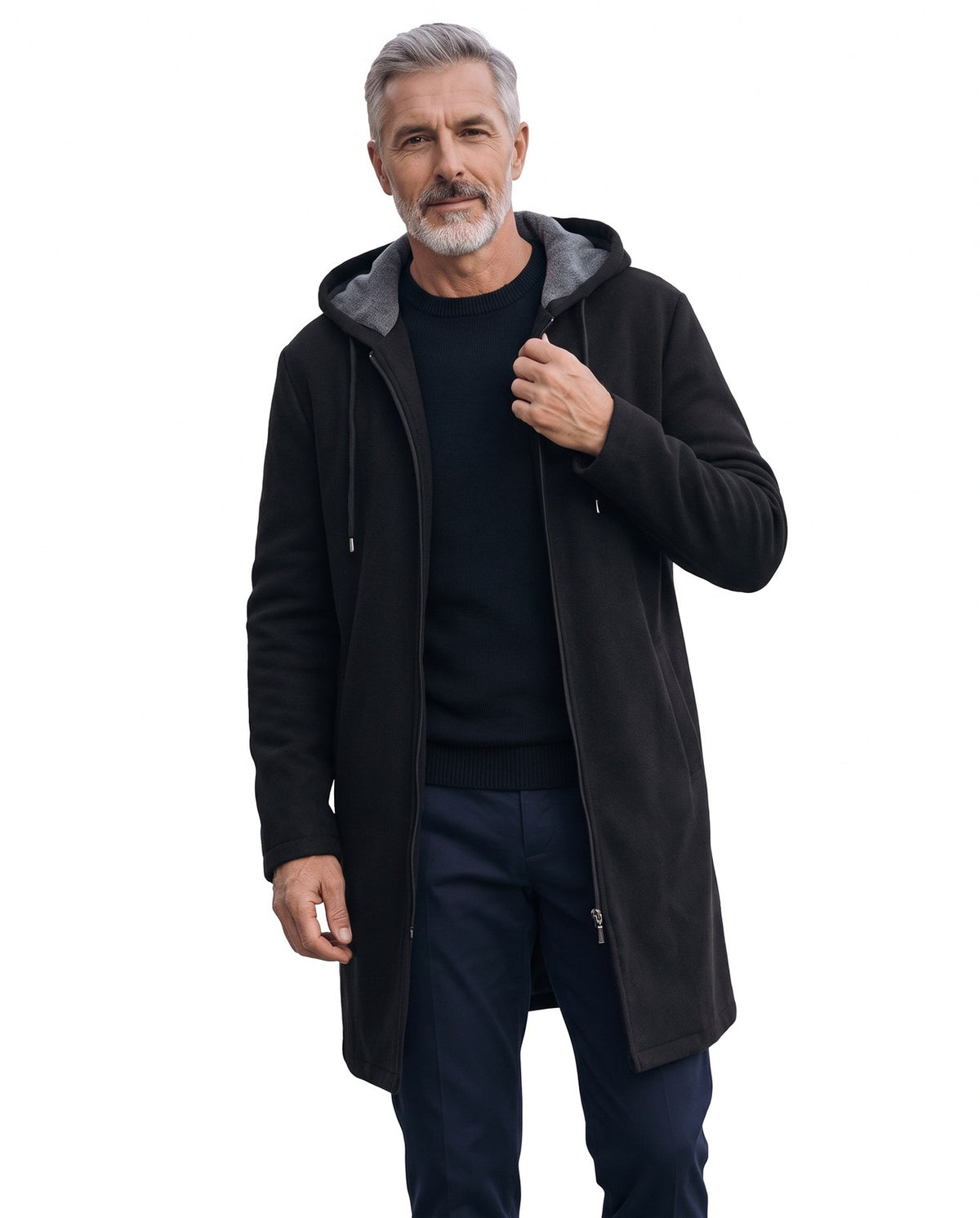 Giacca lunga con cappuccio uomo stile cardigan tinta unita 1