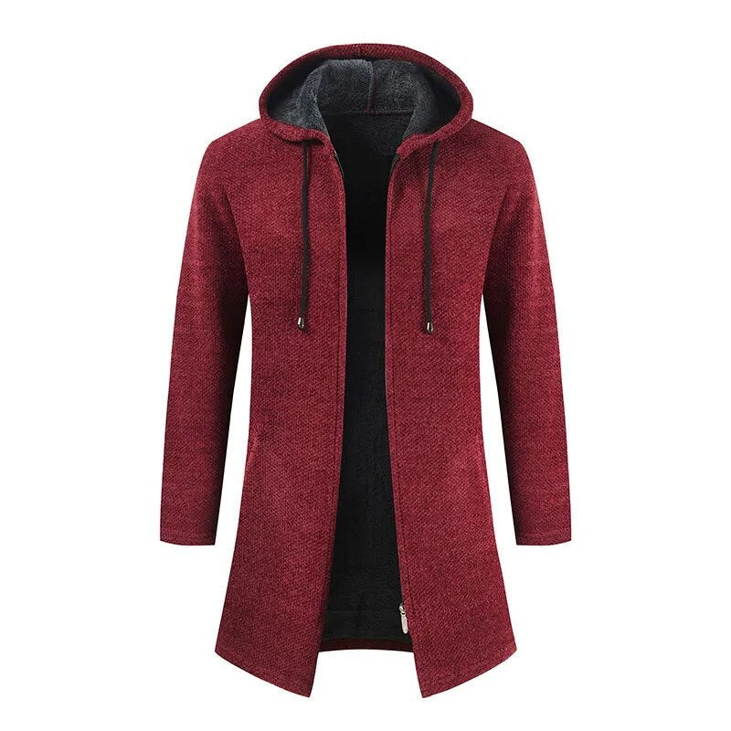 Giacca lunga con cappuccio uomo stile cardigan tinta unita 5