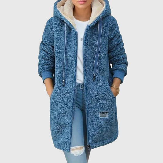 Giacca teddy donna con cappuccio, zip e tasche frontali