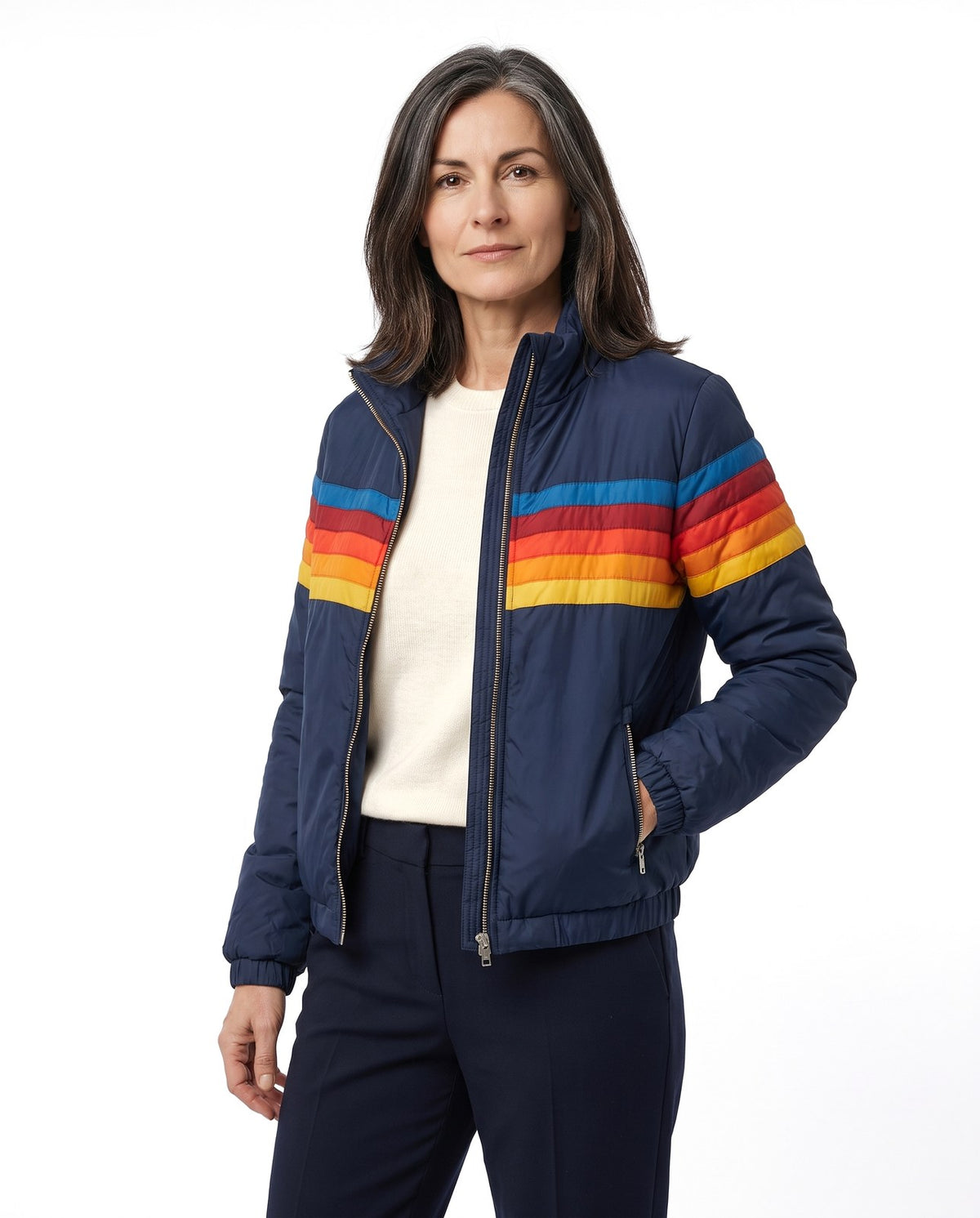 Giacca vintage donna con zip e righe arcobaleno retrò 1