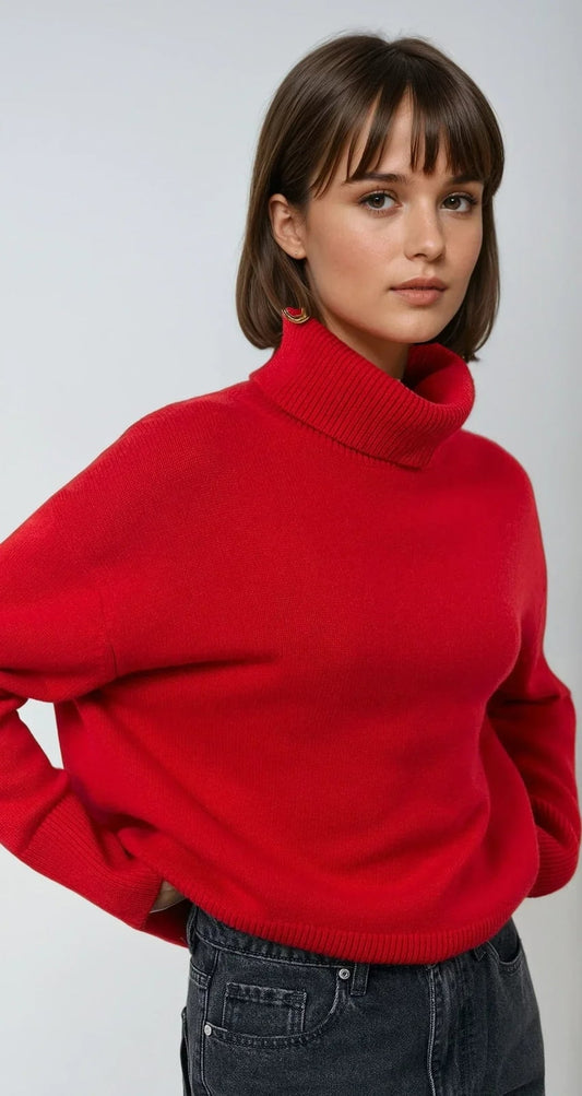 Maglione a collo alto rosso, maglione dolcevita oversize 1