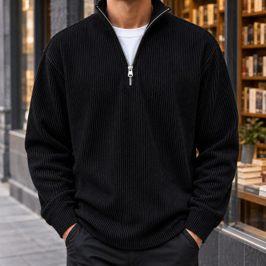 Maglione con zip uomo a coste fini, felpa mezza zip 1