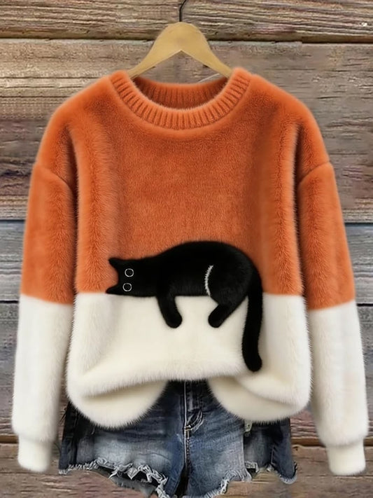 Maglione donna con stampa gatto, casual relaxed fit 1