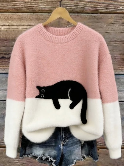 Maglione donna con stampa gatto, casual relaxed fit 2