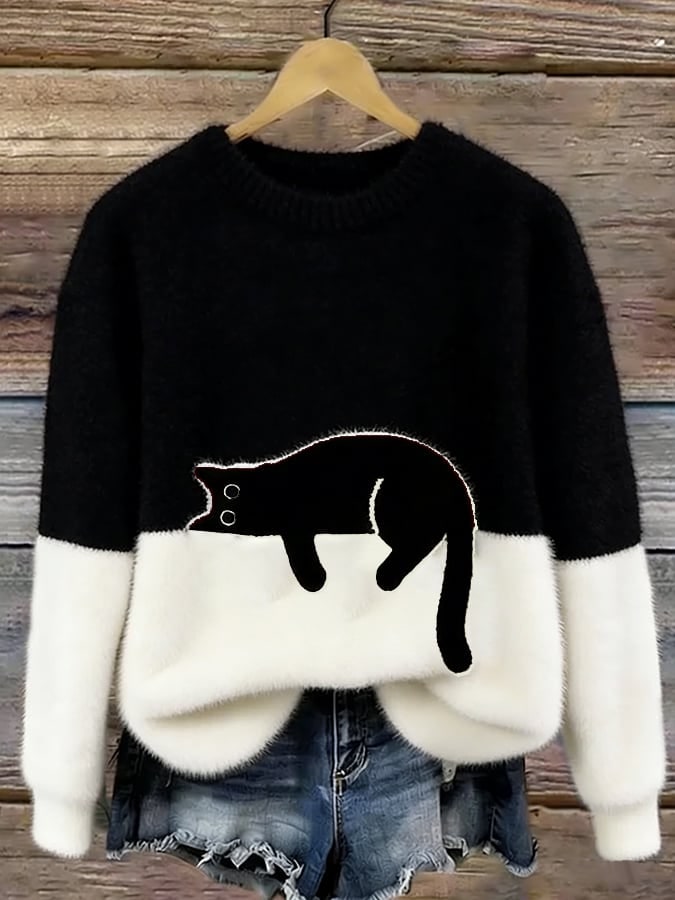Maglione donna con stampa gatto, casual relaxed fit 3