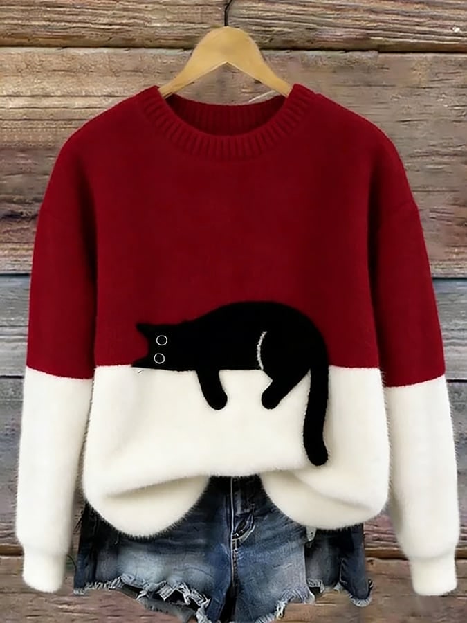 Maglione donna con stampa gatto, casual relaxed fit 4