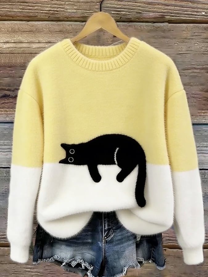 Maglione donna con stampa gatto, casual relaxed fit 5