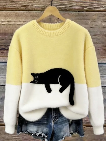 Maglione donna con stampa gatto, casual relaxed fit 5