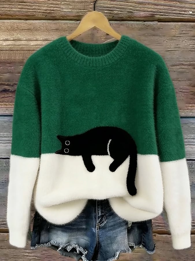 Maglione donna con stampa gatto, casual relaxed fit 6