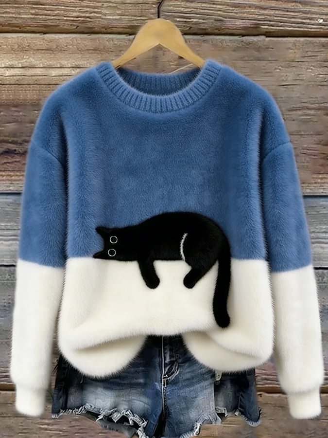 Maglione donna con stampa gatto, casual relaxed fit 7