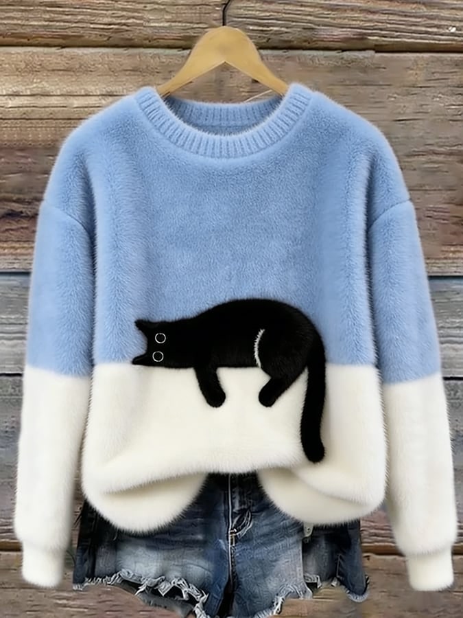 Maglione donna con stampa gatto, casual relaxed fit 8