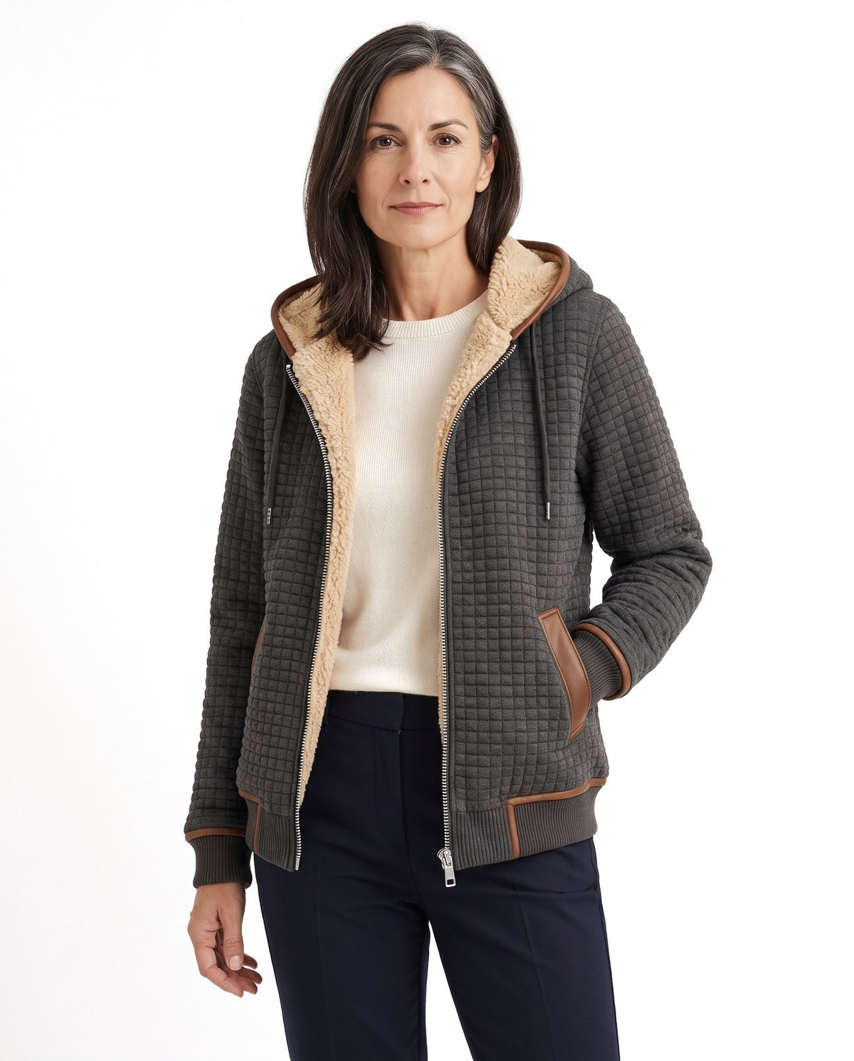 Piumino donna con cappuccio foderato in pile e zip intera 1