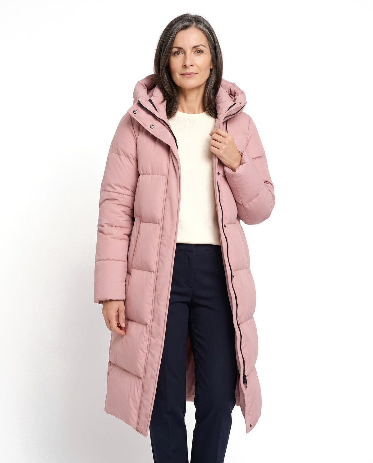 Piumino lungo donna con cappuccio imbottito invernale 1