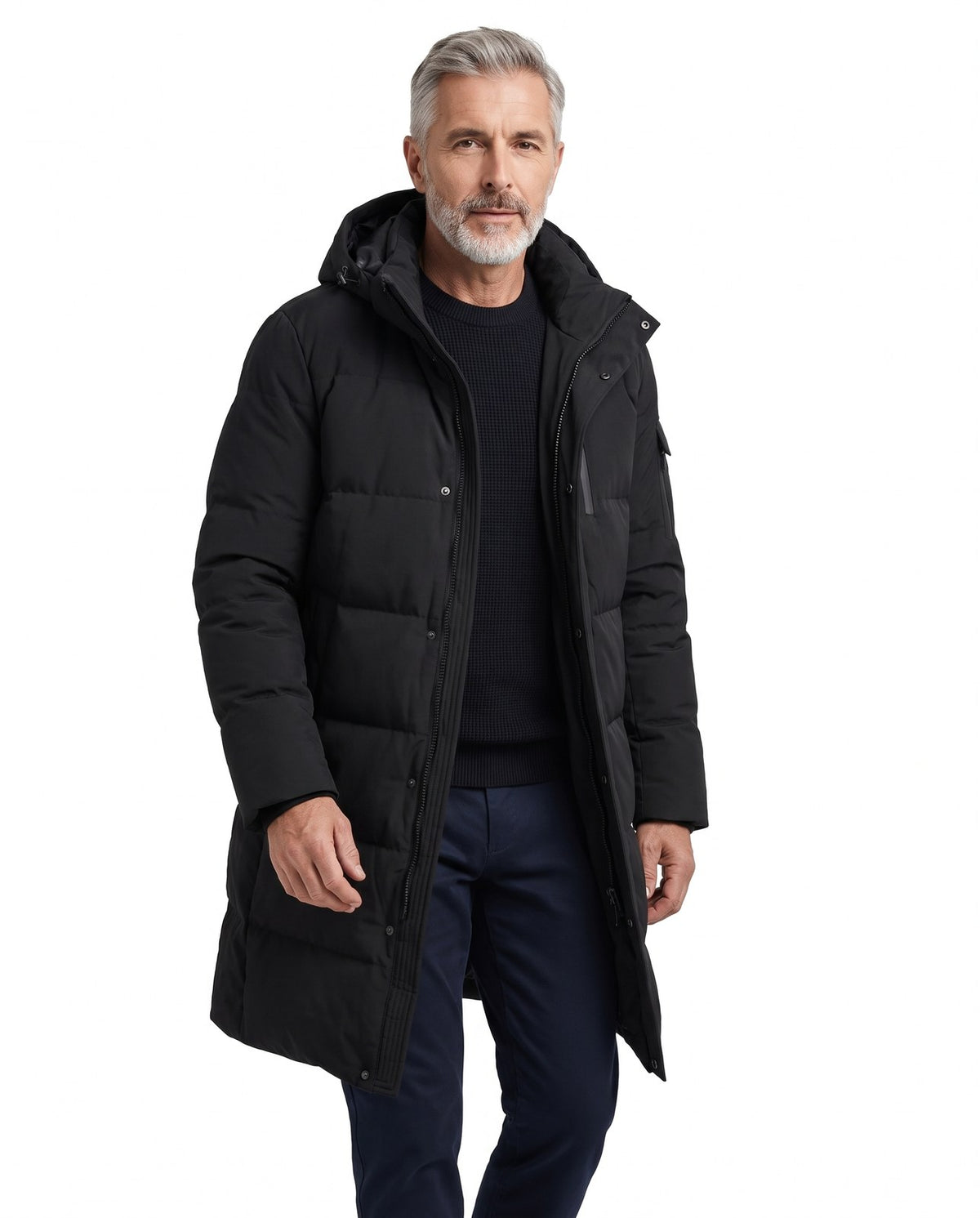 Piumino lungo uomo con cappuccio regolabile e tasche zip 1
