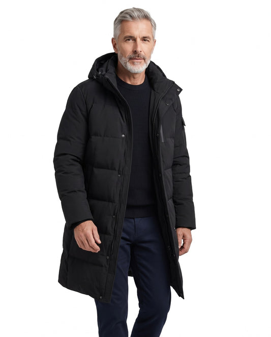 Piumino lungo uomo con cappuccio regolabile e tasche zip 1