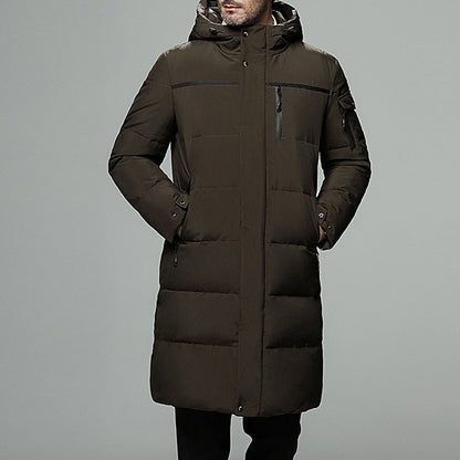 Piumino lungo uomo con cappuccio regolabile e tasche zip 4