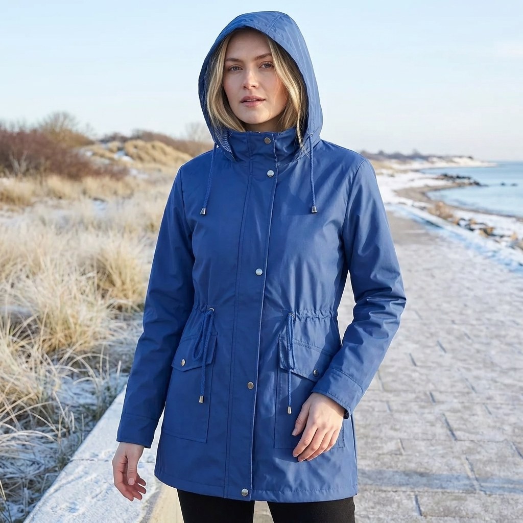 Trench invernale donna impermeabile con cappuccio e coulisse 3
