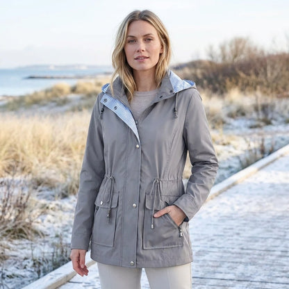Trench invernale donna impermeabile con cappuccio e coulisse 5