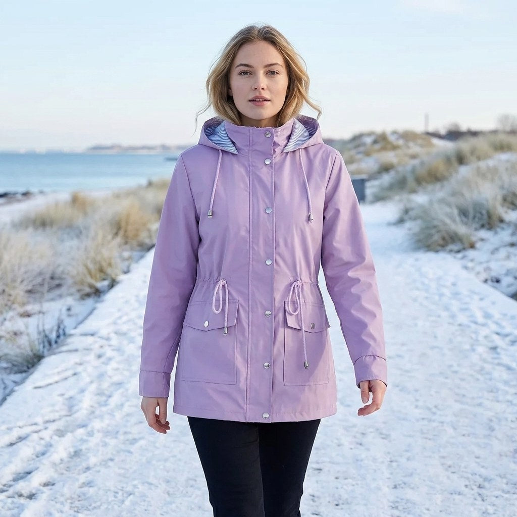 Trench invernale donna impermeabile con cappuccio e coulisse 2