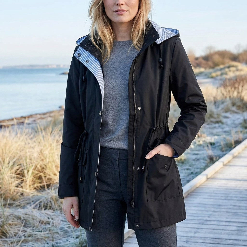 Trench invernale donna impermeabile con cappuccio e coulisse 7